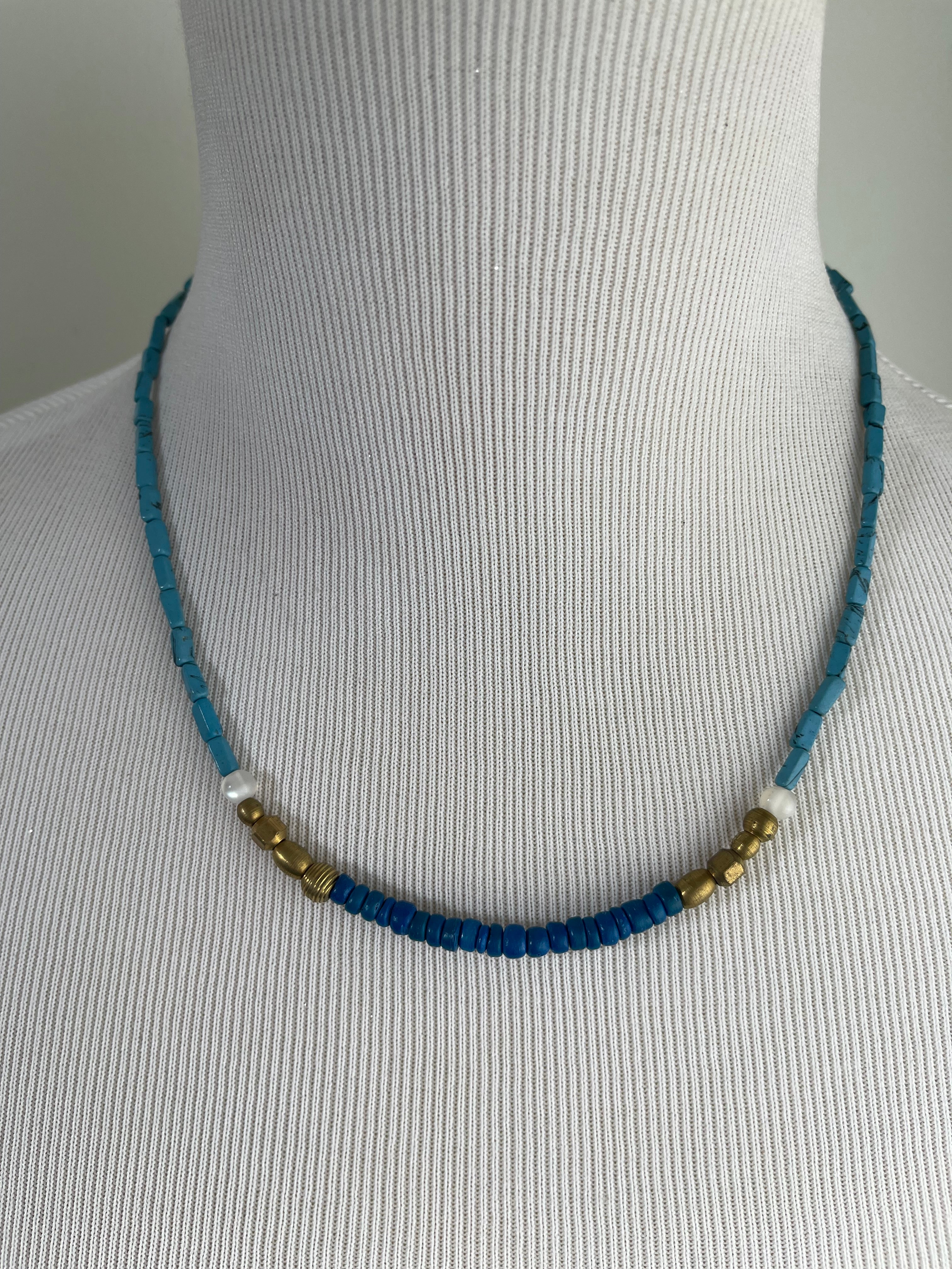Blue Wood Brass Coral Necklace