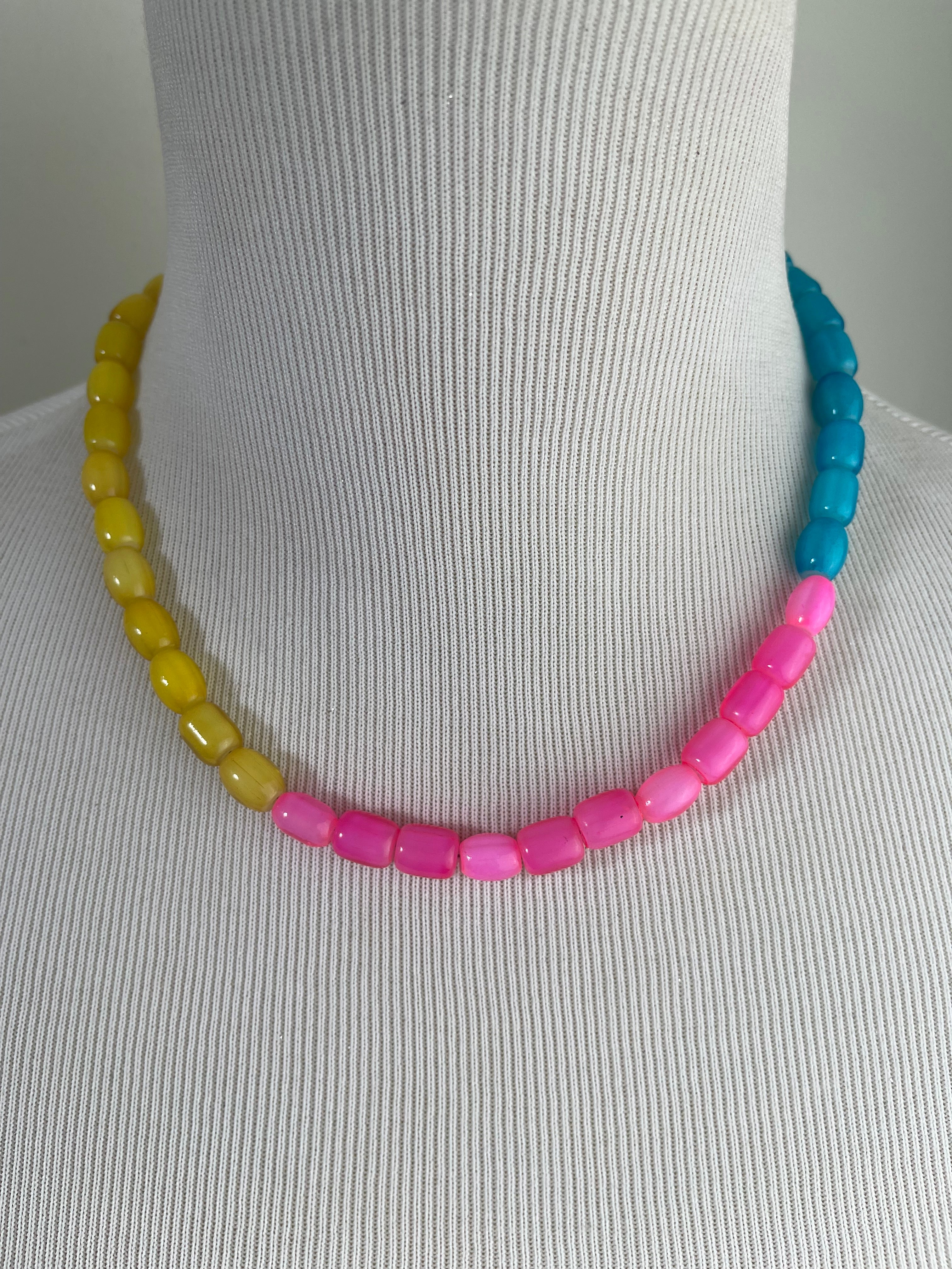 Yellow Pink Blue Glass Bead Necklace