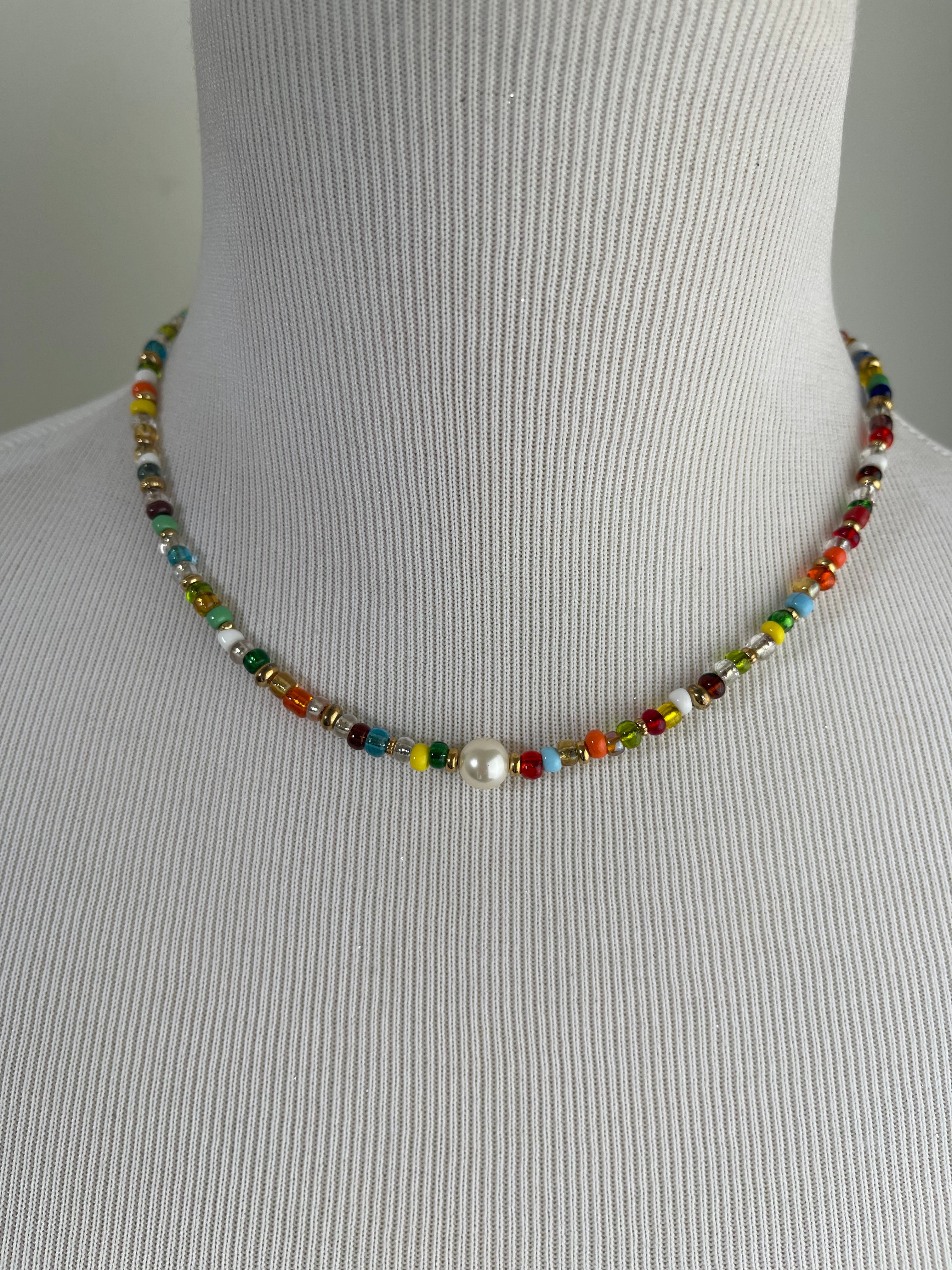 Pearl and Multicolor Glass Bead Necklace
