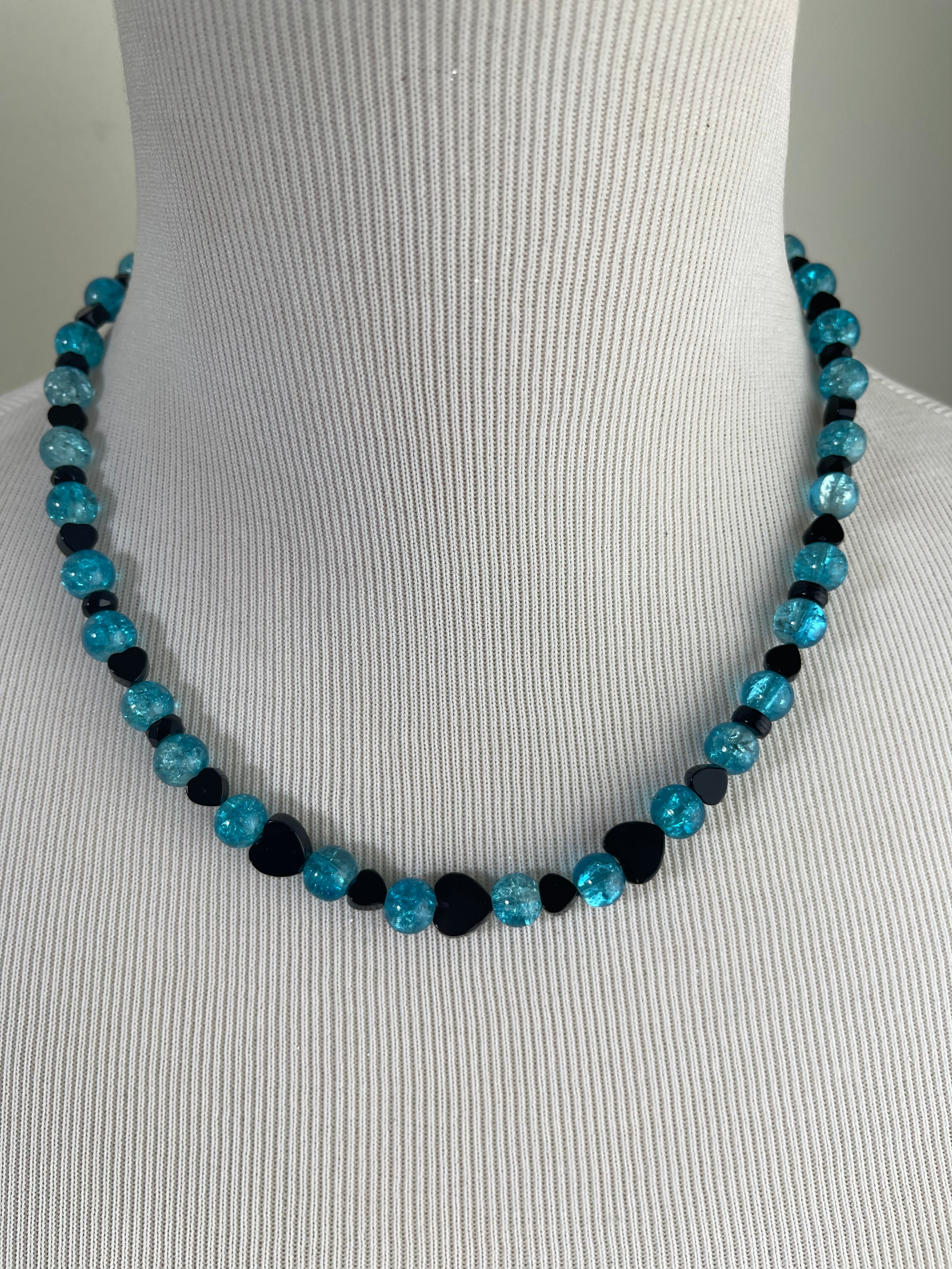 Black Onyx Heart & Blue Glass Necklace