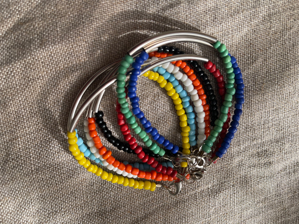 Silver Bar and Sead Bead Bracelet Set