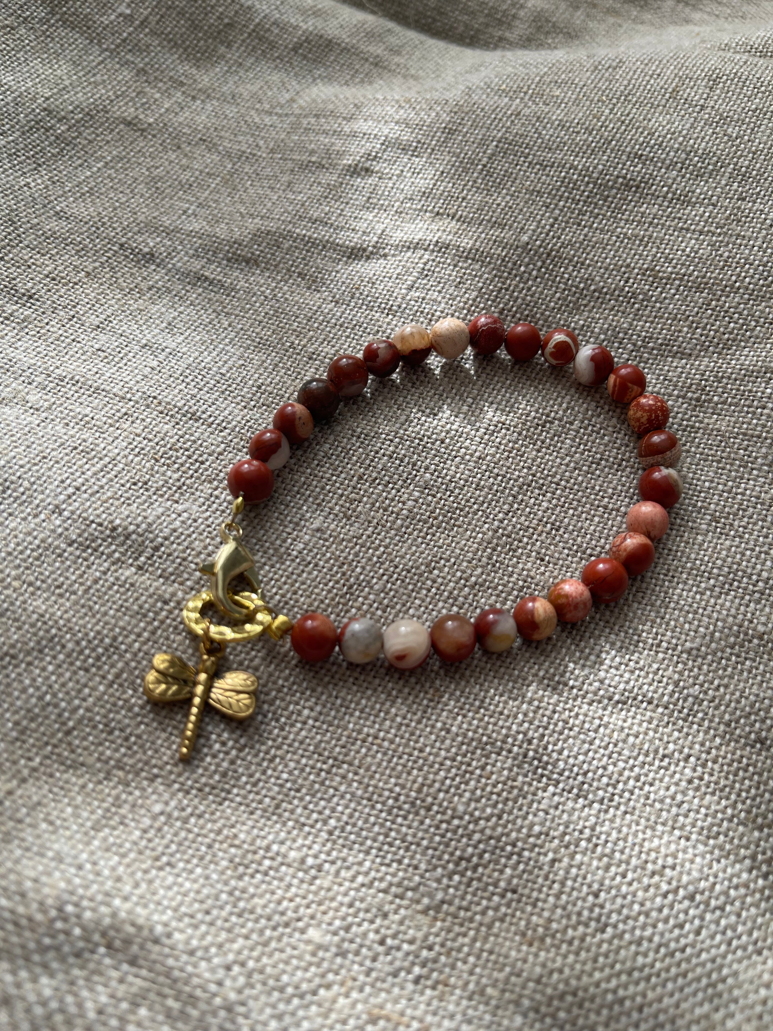 Red Semi-Precious Gemstone Dragonfly Charm Bracelet